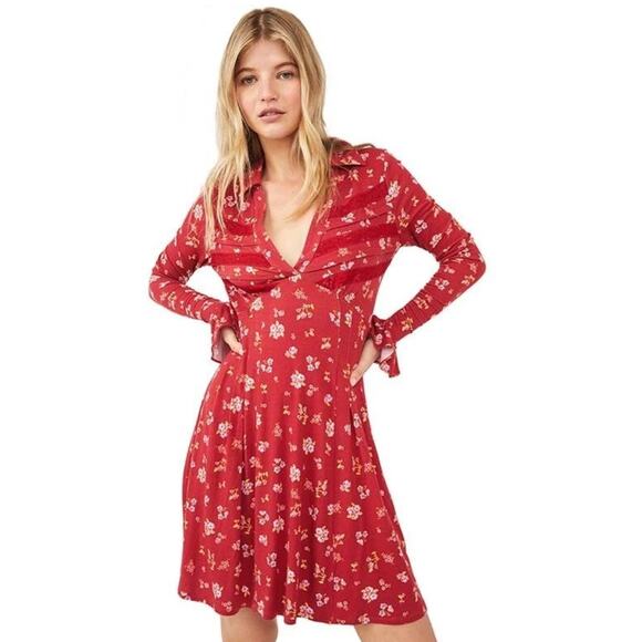 Free People GOOD DAYS Floral Long Sleeve Mini Dress in Red Pop Combo XS NWT $128 - Picture 1 of 9